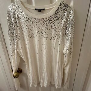 INC International Concepts Silver Sequin White Long Sleeve Top